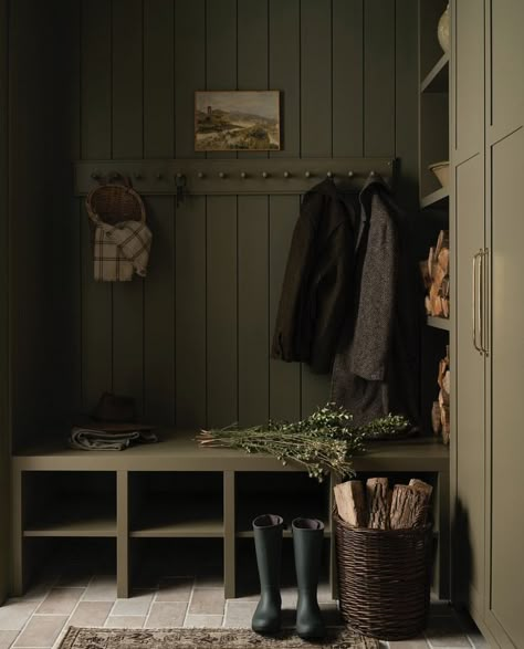 Linen Interior, Mudroom Design, Mudroom Laundry, Laundry Mudroom, Mud Rooms, Green Paint Colors, Boot Room, Laundry Mud Room, Drapery Panels