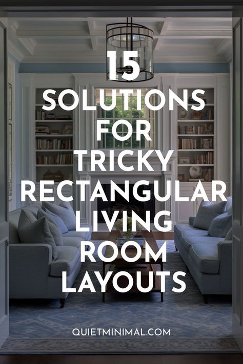 Rectangular Living Rooms: 15 Solutions for Tricky Layouts - Quiet Minimal Styling Rectangular Living Room, Room Layout Rectangular, Rectangle Lounge Room Ideas, Living Room Inspiration Long Narrow, 17x13 Living Room Layout, Long Living Room With 2 Seating Areas, Large Long Living Room Ideas, Large Rectangular Living Room Layout, Rectangle Shaped Living Room Layout