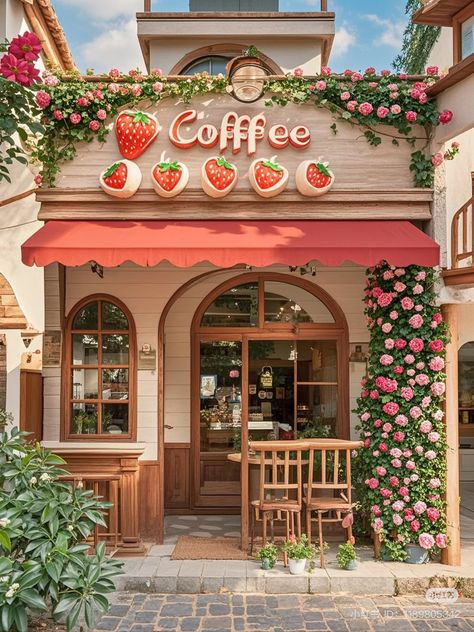 Cafe Themes Interior Design, Cute Cafe Layout, Walk Up Window Cafe, Cozy Cafe Ideas, Cafe Storefront Design, Exterior Store Fronts, Cute Store Fronts, Coffee Shop Facade, Cafe Exterior Design