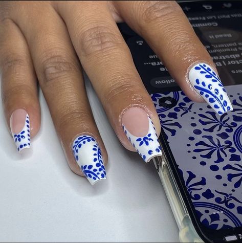 Blue And White Nails Greek, Blue And White China Pattern Nails, Santorini Blue Nails, Greece Blue Nails, Santorini Inspired Nails, Greece Nails Square, Greece Acrylic Nails, Mediterranean Nails Designs, Nails Greece Design