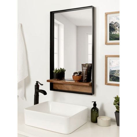 Black Mirror With Shelf | Wayfair Rectangle Entryway Mirror, Powder Room Laundry, Small Wooden Shelf, Townhouse Decor, Bathroom Mirror Storage, Bathroom Mirror Design, Tiny Bath, Kid Bathroom, Mudroom Decor