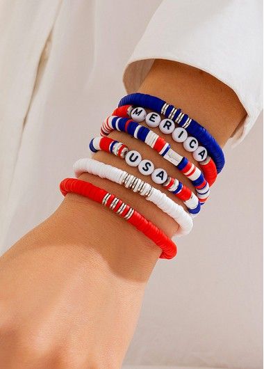 Beaded Design Red Round Bracelet Set | Rosewe.com - USD $11.98 4th July Braclets, 4th Of July Accessories Ideas, Forth Of July Clay Bead Bracelets, School Beaded Bracelets, July 4th Jewelry, Fourth Of July Jewelry Diy, Usa Bracelet Pattern, Usa Bracelet Ideas, Fourth Of July Beaded Bracelets