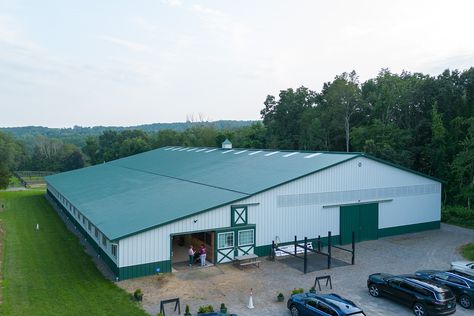 Morton Buildings Stall Barn & Riding Arena in East Woodstock, CT. Horse Barn With Indoor Arena, Indoor Riding Arena With Stalls, Barn With Indoor Arena, Arena With Stalls, Indoor Riding Arena, Barn Layout, Loft Door, Equestrian Building, Post Frame Construction