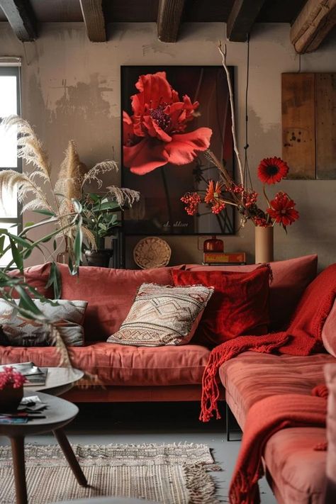 Cozy Red and Brown Living Room Decor Tips! Red And Orange Living Room Ideas, Living Room Designs Red Sofa, Red Furniture Aesthetic, Red Chairs Living Room Decor, Red Bohemian Living Room, Cream And Red Living Room, Red Couches Living Room Decor, Red Living Room Aesthetic, Red Couch Living Room Ideas Apartments