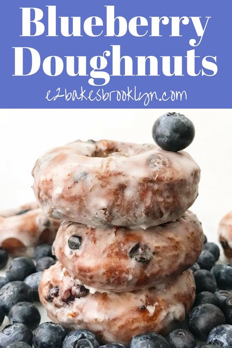 Blueberry Doughnuts – e2 bakes brooklyn Fancy Doughnut Recipe, Glazed Blueberry Donut, Blueberry Glazed Doughnut, Blueberry Donut Cake, Blueberry Doughnut Recipe, Homemade Blueberry Cake Donuts Recipe, Stuff To Make With Blueberries, Blueberry Cake Donuts Baked, Homemade Blueberry Donuts Recipe