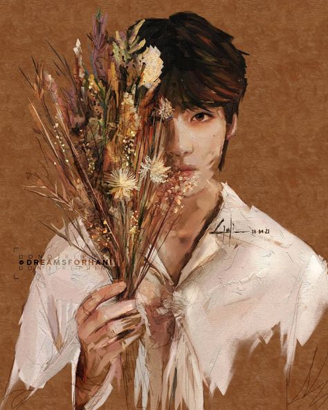 Boy With Flowers, Taehyung Art, متحف فني, Fan Art Bts, Taehyung Fanart, Bts Fan Art, Kpop Drawings, Fanart Bts, Bts Drawings