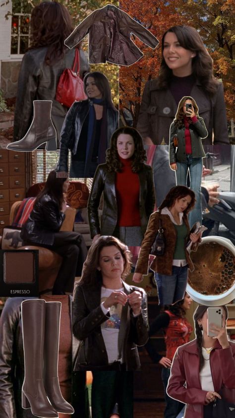 Lorelai Gilmore Best Outfits, Leather Jacket Autumn Outfit, Gilmore Lorelai Outfits, Lorelei Gilmore Winter Outfits, Lorelai Gilmore Jacket, Lorelai And Rory Halloween Costume, The Clique Movie Outfits, Lorelai Gilmore Outfits Aesthetic, Lorelai Gilmore Fall Outfits