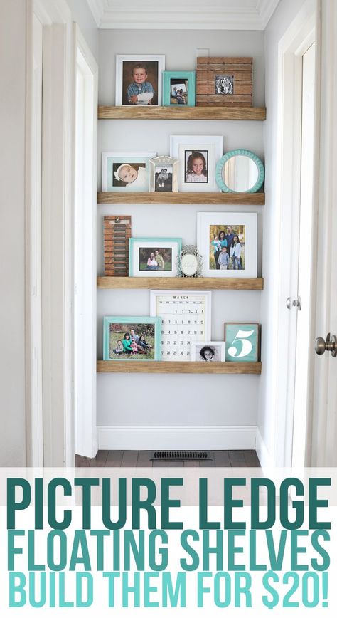 How to build narrow floating shelves with a picture ledge. Decorate the end of your hallway in just a few hours for about $20. This is so pretty! #homedecor #diy #shelves #pictureledge #floatingshelves Cozy Farmhouse Living Room, Farmhouse Living Room Decor Ideas, Hal Decor, Picture Ledge, Floating Shelves Diy, Estantes Flotantes, Farmhouse Decor Living Room, Design Living Room, House Goals