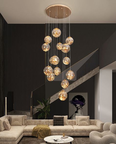 Modern Spiral Staircase, Lustre Living, Chandelier Living Room Modern, Star Chandelier, Decoration Restaurant, Loft Lighting, Luxury Lamps, Area 15, Staircase Lighting