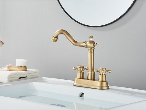 Antique Basin Faucet Golden Dual Hole Rotating Spout Bathroom Kitchen Faucet Deck Mounted Basin Vesssel Sink Mixer Tap Check more at https://hikwa.com/product/antique-basin-faucet-golden-dual-hole-rotating-spout-bathroom-kitchen-faucet-deck-mounted-basin-vesssel-sink-mixer-tap/ Silver Sink With Gold Faucet, Sink Faucets Bathroom, Brass Sink Taps Bathroom, Gold Tap Kitchen Sink, Gold Swan Faucet, Antique Brass Basin Tap, Faucets Bathroom, Sink Mixer Taps, Water Hose