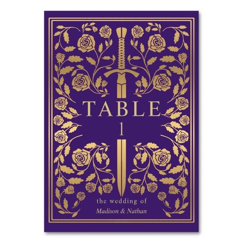 Purple Royal Medieval Sword Wedding Table Number  Zazzle Medieval Wedding Decorations, Mosaic Outdoor Table, Medieval Wedding, Swords Medieval, Wedding Table Number, Foil Invitations, Book Images, Table Number, Wedding Table Numbers