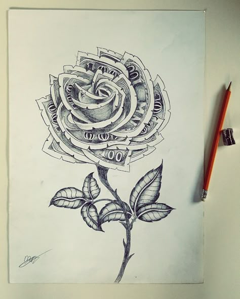 Dollar Bill Tattoo, 100 Dollar Bill Tattoo, Dollar Drawing, Dollar Rose, Bill Tattoo, Money Rose Tattoo, Dollar Tattoo, Rose Tattoo Stencil, Drawing Rose