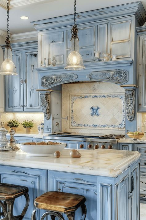 french inspired blue kitchen Periwinkle Blue Kitchen Cabinets, French Blue Kitchen Cabinets, Blue French Country Kitchen, Vintage Blue Kitchen, French Blue Kitchen, Cobalt Kitchen, Dark Blue Kitchen Cabinets, Blue Kitchen Designs, Parisian Blue