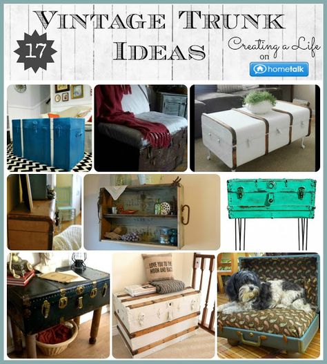 Creating A Life: Vintage Trunk Ideas on Hometalk Vintage Trunk Coffee Table, Trunk Redo, Trunk Makeover, Trunk Ideas, Trunk Coffee Table, Vintage Trunk, Old Trunks, Coffee Table Trunk, Antique Trunk