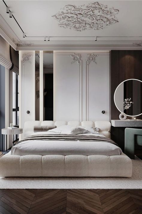 Upgrade your sleeping quarters with aesthetic bedroom ideas that cater to modern sensibilities. Get inspired by cozy nooks, stylish storage solutions, and artistic decor that make your bedroom a personal haven Minimal Bedroom Design, Elegant Bedroom Design, Unique Bedroom Design, Beautiful Bedroom Decor, Parisian Interior, Classical Interior, Bathroom Inspiration Modern, Bathroom Design Trends, Modern Luxury Bedroom