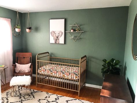 Emerald Green And Pink Nursery, Jewel Tone Nursery, Dark Green Nursery, Nursery Paint, Gold Crib, Nursery Paint Colors, Gender Neutral Baby Nursery, Gray Nursery, Baby Nursery Neutral