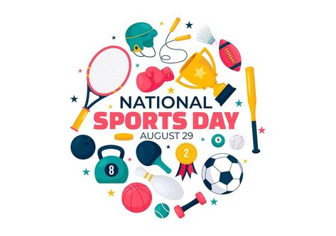 National Sports Day Illustration featuring Athletes from Various Sports and Equipment in a Flat Style Cartoon Background Sports Day Background, National Sports Day, Sports Drawings, Day Illustration, Sport Illustration, Sports Day, Cartoon Background, Kids Interior, Cityscape Photos