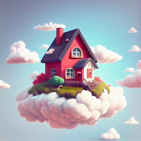 House 3d Illustration, House On Clouds, House Cartoon Illustrations, Dream House Illustration, House Design Illustration, Cute House Illustration, Real Estate Illustration, 3d Illustration Design, Dreams Illustration