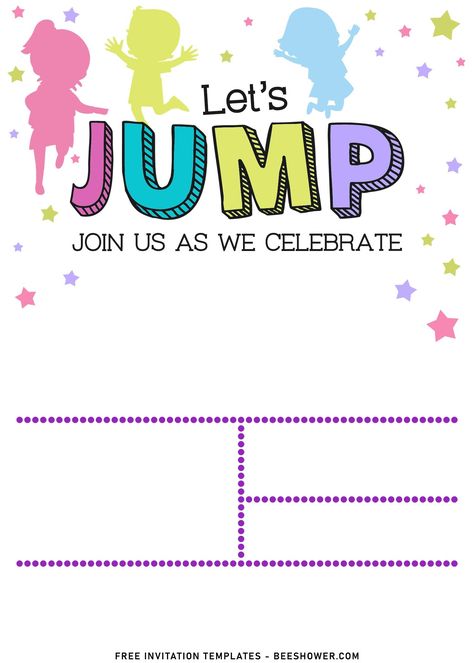 10+ Let’s Jump Party Invitation Templates For Your Kids Next Bash | Beeshower Trampoline Party Invitations, Trampoline Birthday Invitations, Jump Party Invitations, Trampoline Birthday Party, Trampoline Party, Birthday Party Invitations Free, Jump Party, Dino Cake, Baby Shower Invitations Templates