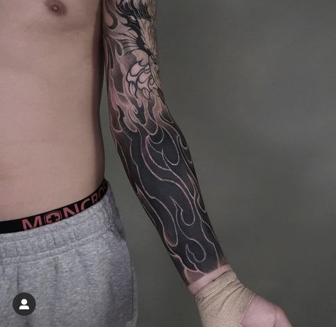 Fire Arm Sleeve Tattoo, Flames Tattoo Sleeve, Black Flames Tattoo, Flame Arm Tattoo, Black Fire Tattoo, Black Flame Tattoo, Flame Sleeve Tattoo, Japanese Fire Tattoo, Cover Up Tattoos For Men