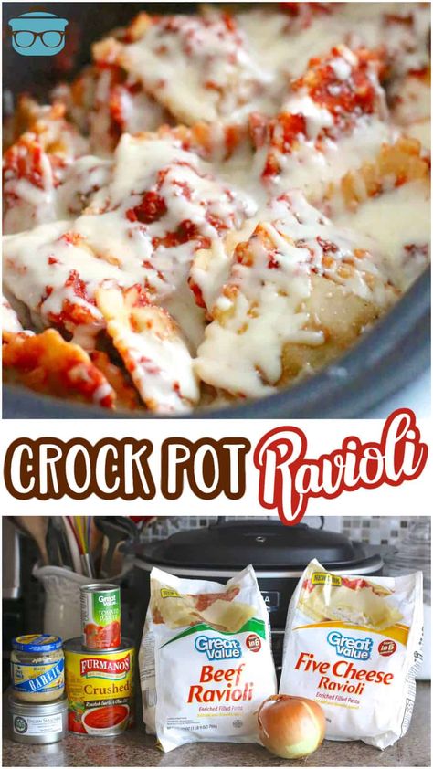 This Crock Pot Ravioli recipe uses frozen ravioli with a quick homemade sauce and lots of gooey mozzarella cheese. Perfect all-in-one meal! Crock Pot Ravioli, Frozen Ravioli Recipes, Company Chicken, Poolside Dip, Crockpot Ravioli, Crock Pot Food, Ravioli Recipe, Country Cook, Pasta Primavera