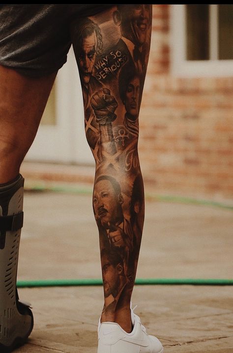 Odell Beckham Jr Tattoos Leg, Obj Tattoos Leg, Mens Legs Sleeve Tattoo, Leg Tattoo Men Black, Leg Sleeve Tattoo Male For Men, Back Of Leg Tattoos Men, Back Leg Tattoo Men, Leg Tattoo Black Men, Leg Sleeve Tattoo Male Black