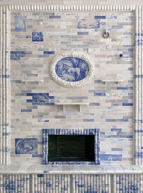 BDDW | CUSTOM FIREPLACES Blue Tile Fireplace, Blue Fireplace, Coastal Fireplace, Tiled Fireplace, Wild Clay, Mantle Fireplace, Ceramic Stove, Golden Forest, Tile Fireplace