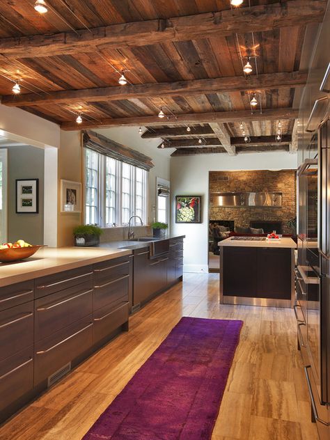 really like the cabinets, countertops, and ceiling... Rustic Ceiling Light Fixtures, Rustic Track Lighting, Rustic Ceiling Lights, Kitchen New York, Wooden Ceiling, Cabin Lighting, Attic Renovation, Ceiling Light Design, Wooden Ceilings