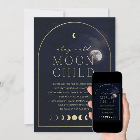 Stay Wild Moon Child Birthday Invitation - kids birthday Party Full Moon Birthday, Moon Party Ideas, Cute Invitation Cards, Moon Birthday Party, Birthday Moon, Witches Halloween Party, Shower 2023, Elegant Birthday Invitations, Moon Birthday