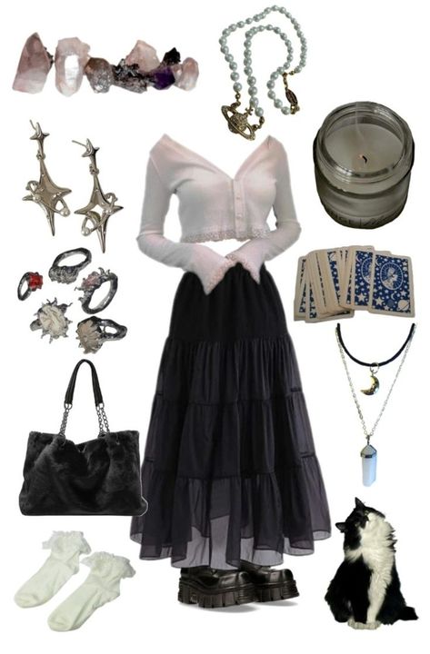 Storm Witch Outfit, Season Of The Witch Aesthetic Outfit, Witch Fashion Aesthetic Modern, 70s Witch Aesthetic Fashion, Astrology Witch Costume, Long Black Skirt Goth Outfit, Modern Day Witch Aesthetic, Witch Outfits Modern, Witchy Core Outfits