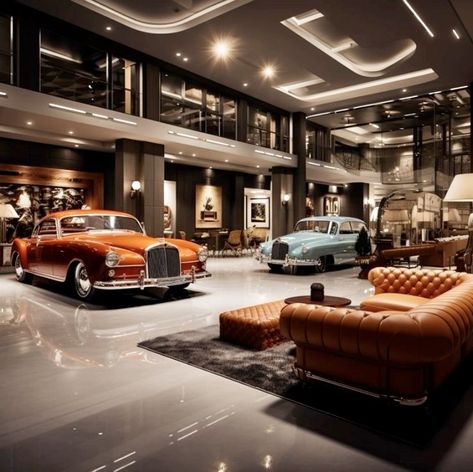 Dream Car Garage Luxury, Obsessed Garage, Awesome Garages, Dream House Garage, Car Showroom Interior, Hutton House, Vintage Car Garage, Loft Luxury, Big Garage