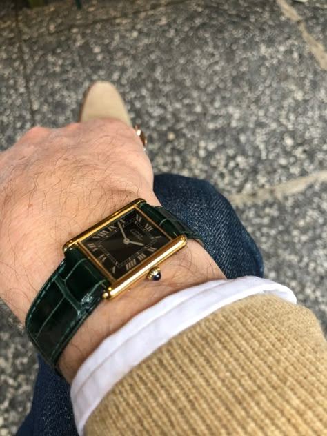 Must de Cartier tank watvh with alligator strap from Atelier Cartier Paris Cartier Tank Watch Mens, Cartier Tank Outfit Men, Tank Watch Mens, Cartier For Men, Cartier Tank Men, Cartier Mens Watch, Tank Cartier, Cartier Tank Watch, Vintage Cartier Watch