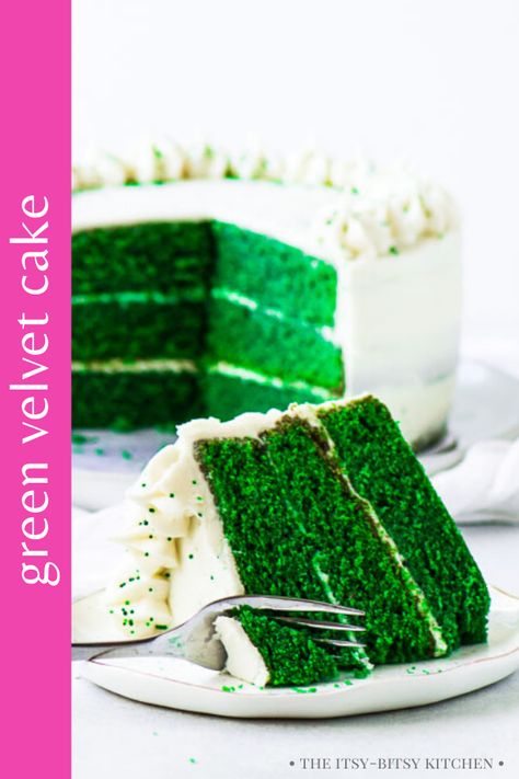 Looking for a festive dessert for Christmas? Try this easy, from scratch green velvet cake! It's topped with a simple homemade cream cheese frosting and it's such a fun treat for holidays or any day! This recipe is always a hit--it tastes just like red velvet cake! Red And Green Cake, Green Velvet Cake, Christmas Month, Green Foods, Bolo Red Velvet, Velvet Cake Recipes, Birthday Cake Decorating Ideas, Green Cake, Festive Desserts