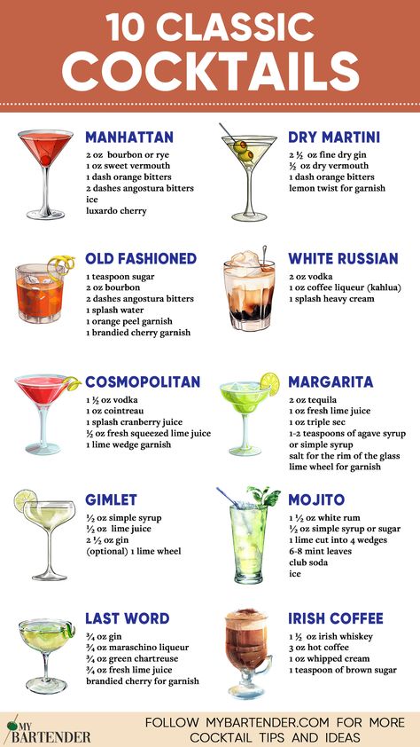 Classic Cocktails Bartending 101, Basic Cocktails, Bartender Drinks Recipes, Bartender Drinks, Cocktail Drinks Alcoholic, Dry Martini, Classic Cocktail Recipes, Yummy Alcoholic Drinks, Cocktails And Mocktails