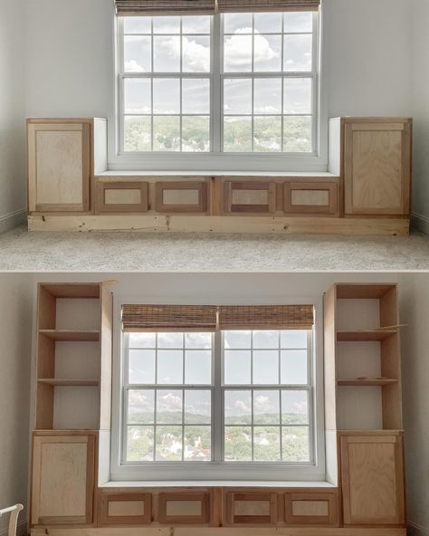 Playroom Cabinets Built Ins, Diy Built Ins Around Window, Window Seat And Shelves, Nursery Built Ins, Built In Around Window, Built In Bookshelves Around Window, Built Ins Around Window, Playroom Built Ins, Sitting Room Layout