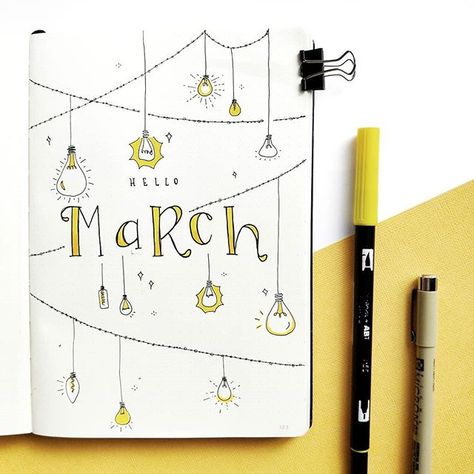 Hello March 💡  Can't wait to doodle more little light bulbs this month 😊  #lightbulb #doodles #doodleart March Bullet Journal, Bullet Journal Set Up, Hello March, Journal Challenge, Bullet Journal Cover Page, Bullet Journal Design Ideas, Bullet Journal Themes, Journal Themes, Bullet Journal Stickers