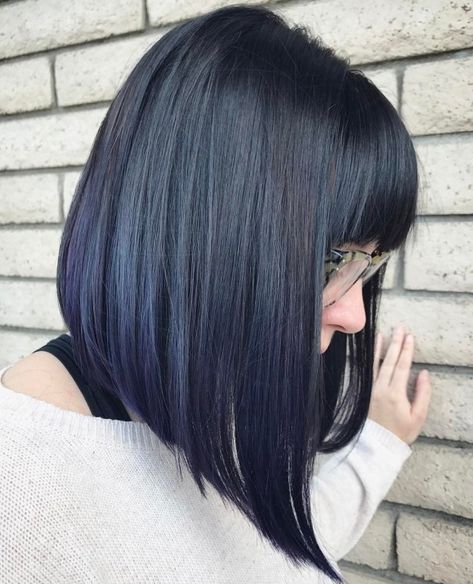 Black Straight Angled Bob With Bangs Long Angled Bob, Long Bob With Bangs, Angled Bob Hairstyles, Bob Hairstyles With Bangs, Medium Bob Hairstyles, Bob Haircut With Bangs, Angled Bob, Long Bob Haircuts, Lob Hairstyle