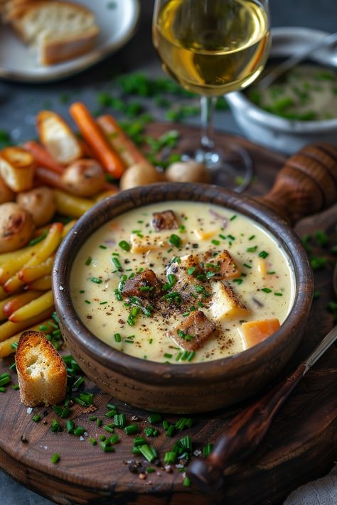 Cheese soup with croutons, roasted vegetables, and a glass of white wine on a wooden board. Chinese Fondue Ideas, Gluten Free Fondue, Fondue Board, Sausage Potato Kale Soup, Fondue Ideas, Cheddar Fondue, Cheesy Spinach Artichoke Dip, Cheese Fondue Recipe, Swiss Cheese Fondue