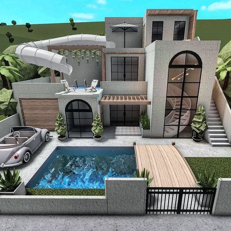 Modern Beach House Layout Bloxburg, Bloxburg House Ideas Exterior Modern, Bloxburg Modern House Interior, Bloxburg House On Water, Bloxburg Mansion Ideas Small Plot, House Expensive, Modern Bloxburg House Ideas Exterior, Blocksburg House Layout, Hillside Modern Mansion Bloxburg