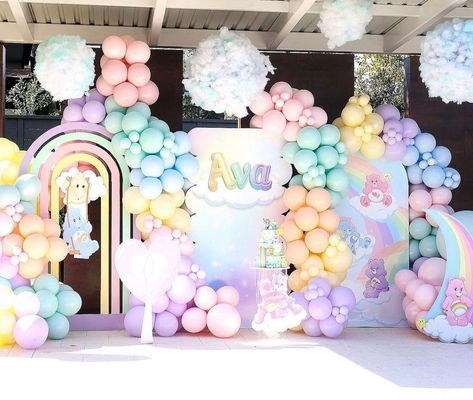 Care Bears Balloon Garland, Care Bear Backdrop, Care Bears Party, Care Bears Birthday Party, Care Bear Party, Care Bear Birthday, Baby Shower Gift Box, Pastel Birthday, 1st Birthday Party Decorations