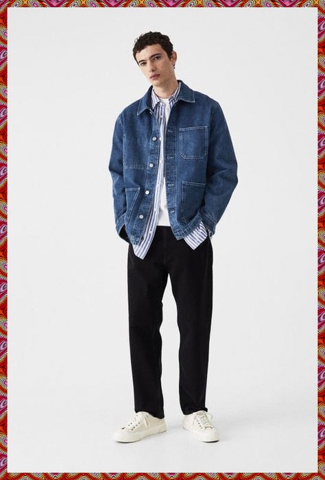 Denim Jacket Outfit Mens, 2024 Mens Fashion, Blue Denim Jacket Outfit, College Jeans, Blue Jean Jacket Outfits, Jean Jacket Outfits Men, Straight Jeans Outfit, Denim Outfit Men, Denim Shirt Outfit