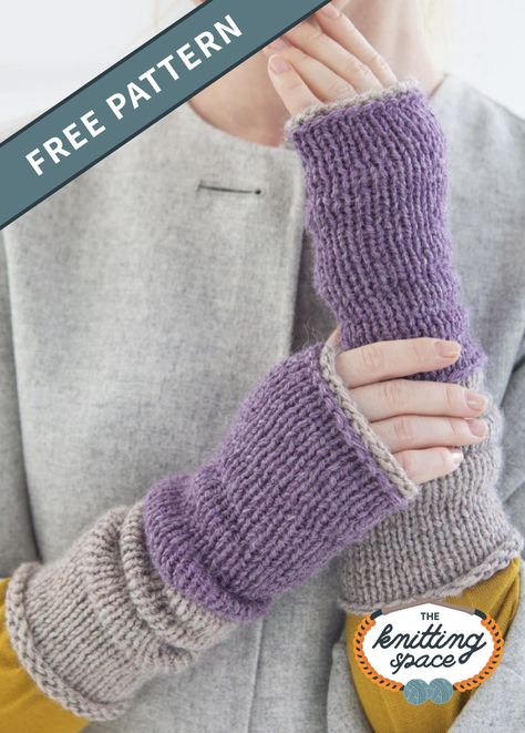 Stay warm throughout the cold season with these knitted fingerless arm warmers with two tones. The featured purple and beige color gave this pair an elegant finish but you can also craft a pair using your desired color. | Discover over 4,500 free knitting patterns at theknittingspace.com #knitpatternsfree #fallknittingpatterns #fallknits #fallcrafts #fallcozy #DIY #giftideas Knit Wrist Warmers Pattern, Handwarmer Knitting Pattern, Chunky Knit Fingerless Gloves Free Pattern, Free Knitting Pattern For Fingerless Gloves, Flat Knit Gloves Free Pattern, Knit Hand Warmers Pattern, Handwarmers Knitting Pattern, How To Knit Fingerless Gloves Easy, How To Knit Hand Warmers