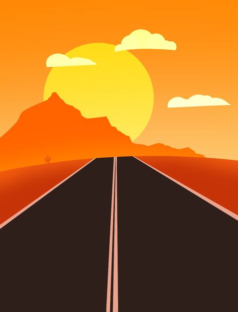 Highway Highway Drawing Simple, Road Trip Art Illustration, Highway Graphic Design, Mountain Road Painting, Highway Drawing, Highway Painting, Sunset Drawing Easy, Painted Guitars, Road Drawing