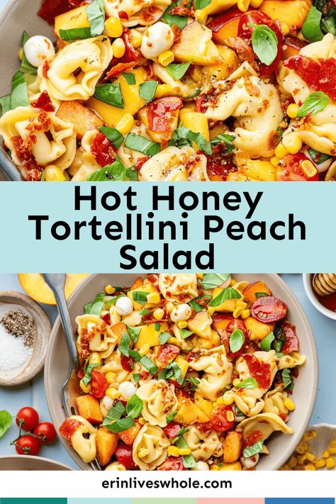 Ready to have the most popular dish at the barbecue? Dig into my hot honey pasta salad, made with crispy prosciutto, mozzarella, and fresh peaches. With a base made from tortellini, this dish is bright, flavorful, and super easy to make. Keep this recipe handy, because everyone will be begging for it! Hot Honey Tortellini Peach Salad, Peach Prosciutto Hot Honey Orzo Salad, Peach Side Dish, Warm Pasta Salad Recipes, Hot Honey Pasta Salad, Honey Pasta, Peach Dishes, Warm Pasta Salad, Unique Pasta Salad