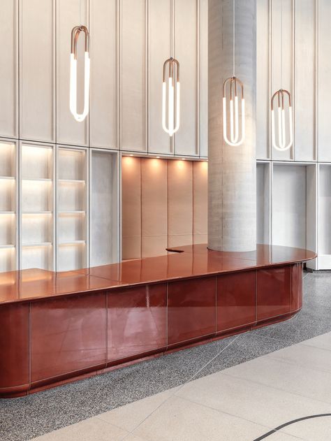 Universal Design Studio combines textured materials and local artwork at this London office - Workplace | Design | Architecture Terrazzo Lobby, Corporate Lobby, Lobby Desks, Reception Desk Design, Lobby Reception, Office Lobby, Reception Counter, London Office, Liverpool Street