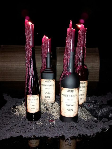 Recycled wine bottle Halloween candles Wine Bottle Melted Candle, Candle In Wine Bottle, Wine Bottle Halloween, Spooky Dinner, Dark Wedding Theme, Gothic Candles, Thanksgiving Dinner Party, Spilled Wine, Recycled Wine Bottle