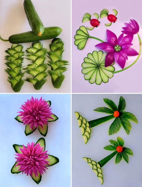 Simple Cucumber Flower Designs - Vegetable Carving | vegetable, food, art, design | Art In Vegetable & Fruit Carving | Food Decoration :) | By Art & Craft - Facebook Cucumber Flower, We Are Done, Make Flowers, Vegetable Carving, Decor Videos, Food Decor, Small Tomatoes, Fruit Carving, I Really Appreciate