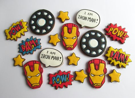 Iron Man Cookies Decorated, Iron Man Cookies, Ironman Cookies, Iron Man Birthday Party Ideas, Iron Man Cupcakes, Ironman Birthday, Iron Man Birthday Party, Avengers Cookies, Iron Man Theme