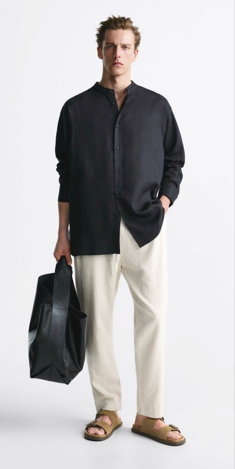 Black Linen Shirt Outfit, Linen Shirt Outfit, Black Linen Shirt, Black Outfit Men, Long Outfit, Banded Collar Shirts, Cap Outfit, Mens Fashion Editorial, Model Outfit