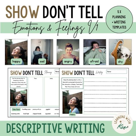 'Show Don't Tell' writing is an essential technique for narrative writing. The five different planning and writing templates assist students in using rich descriptions to show not tell emotions and feelings. Students begin the process by brainstorming how the character's face, body and voice reflect the intended emotion. This plan is the foundation for constructing a description of how the character is feeling, employing the 'Show Don't Tell' method. Show Not Tell, Show Don't Tell, Show Dont Tell, Writing Strategies, Descriptive Writing, Narrative Writing, Writing Templates, Creative Writing, Face And Body